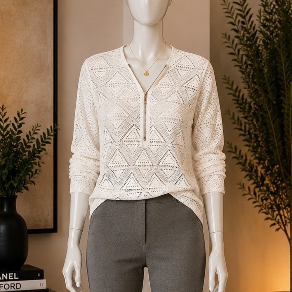 Twenty Eight 77 Womens Lace Blouse Ivory Geometric Zip Front Small